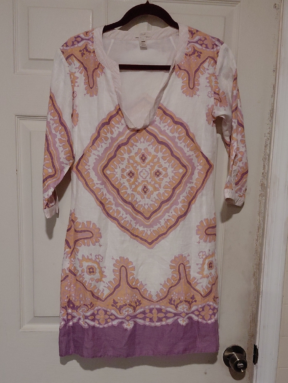 J. Crew White Lilac Peach 100% Linen Multicolor Dress with Pale Pink Trim Size 2